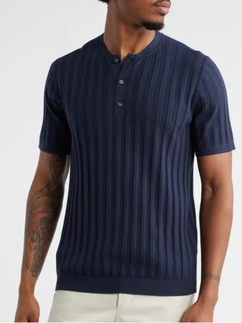 Open Edit Ribbed Short-Sleeve Henley Polo in Navy